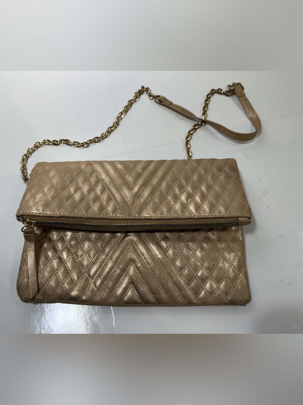 Quilted Metallic Gold Envelope Crossbody Bag w/ chevon detail & Chain Strap